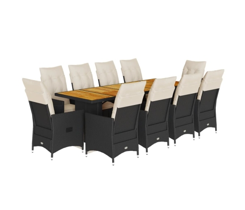 Set de mesa y sillas de jardín 11 pzas y cojines ratán PE negro