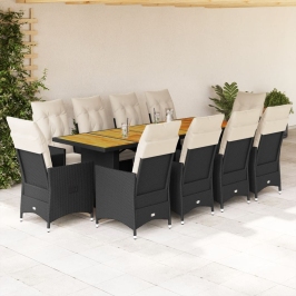 Set de mesa y sillas de jardín 11 pzas y cojines ratán PE negro