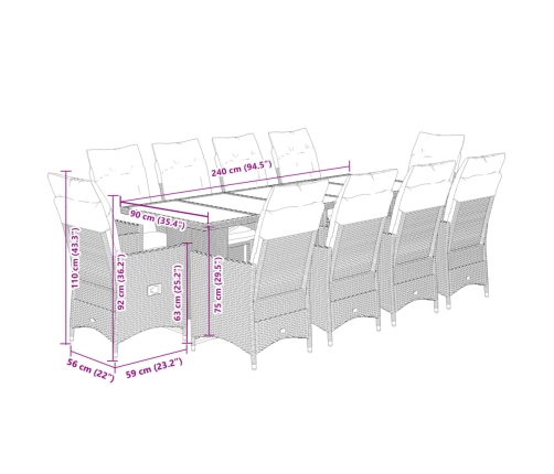 Set de mesa y sillas de jardín 11 pzas y cojines ratán PE gris