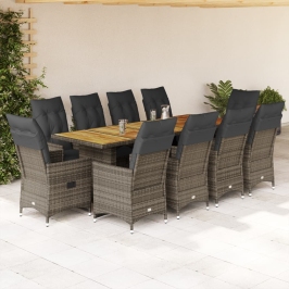 Set de mesa y sillas de jardín 11 pzas y cojines ratán PE gris