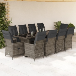 Set de mesa y sillas de jardín 11 pzas y cojines ratán PE gris