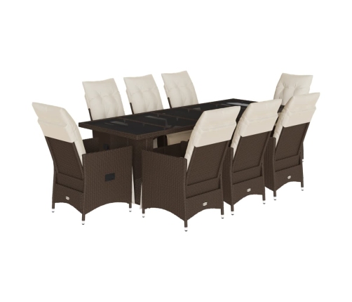Set de mesa y sillas jardín 9 piezas y cojines ratán PE marrón