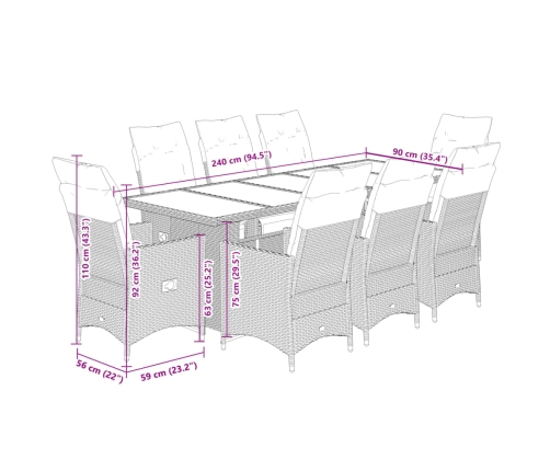 Set de mesa y sillas jardín 9 piezas y cojines ratán PE marrón