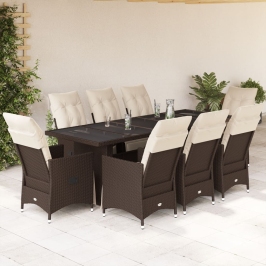 Set de mesa y sillas jardín 9 piezas y cojines ratán PE marrón