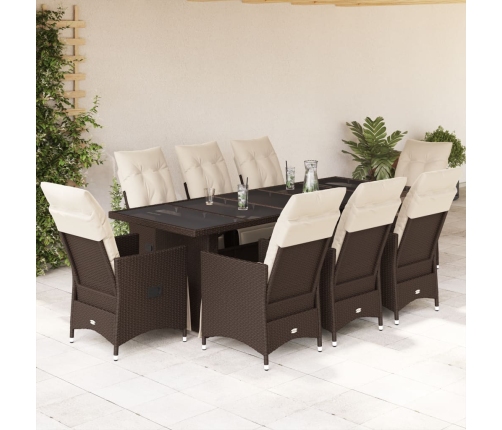 Set de mesa y sillas jardín 9 piezas y cojines ratán PE marrón