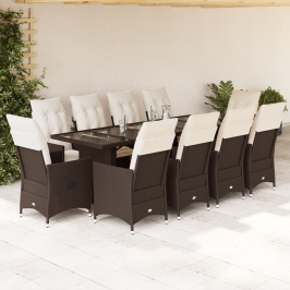 Set de mesa y sillas de jardín 11 pzs y cojines ratán PE marrón
