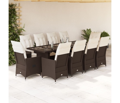 Set de mesa y sillas de jardín 11 pzs y cojines ratán PE marrón