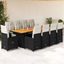 Set de mesa y sillas de jardín y cojines 11 pzas ratán PE negro