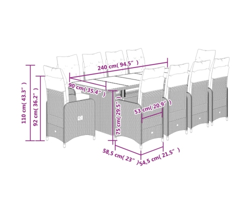 Set de mesa y sillas de jardín 11 pzas y cojines ratán PE gris