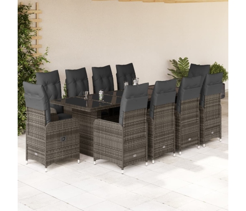 Set de mesa y sillas de jardín 11 pzas y cojines ratán PE gris