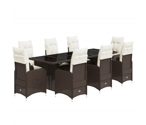 Set de mesa y sillas jardín 9 piezas y cojines ratán PE marrón