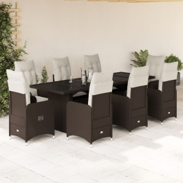Set de mesa y sillas jardín 9 piezas y cojines ratán PE marrón