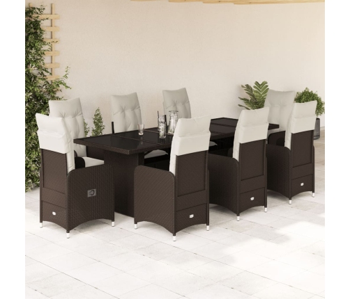 Set de mesa y sillas jardín 9 piezas y cojines ratán PE marrón