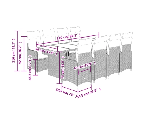 Set de mesa y sillas de jardín 11 pzas y cojines ratán PE beige