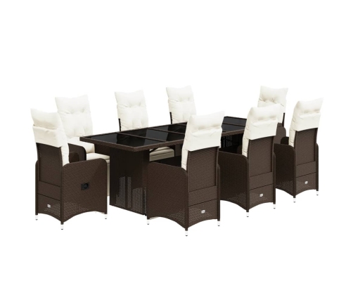 Set de mesa y sillas jardín 9 piezas y cojines ratán PE marrón