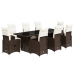 Set de mesa y sillas jardín 9 piezas y cojines ratán PE marrón