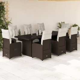 Set de mesa y sillas jardín 9 piezas y cojines ratán PE marrón