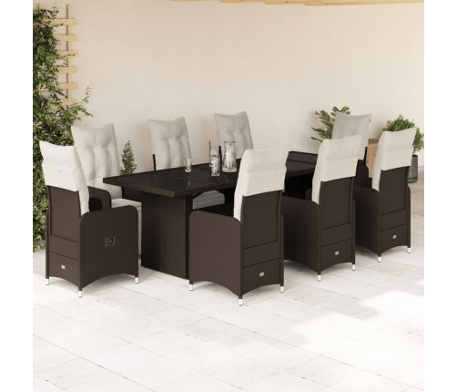 Set de mesa y sillas jardín 9 piezas y cojines ratán PE marrón