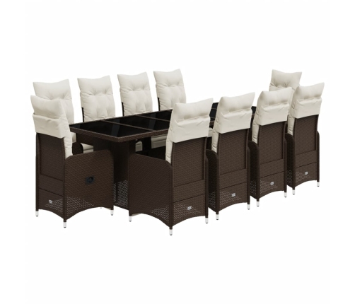 Set de mesa y sillas de jardín 11 pzs y cojines ratán PE marrón