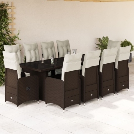 Set de mesa y sillas de jardín 11 pzs y cojines ratán PE marrón