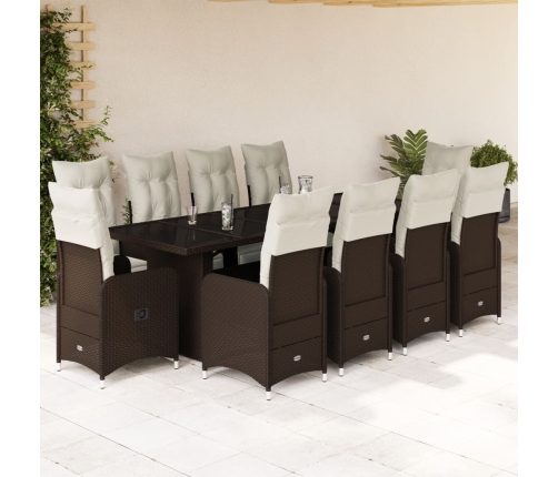 Set de mesa y sillas de jardín 11 pzs y cojines ratán PE marrón