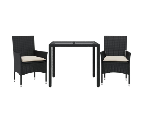 Set comedor jardín 3 pzas cojines ratán sintético vidrio negro