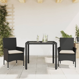 Set comedor jardín 3 pzas cojines ratán sintético vidrio negro