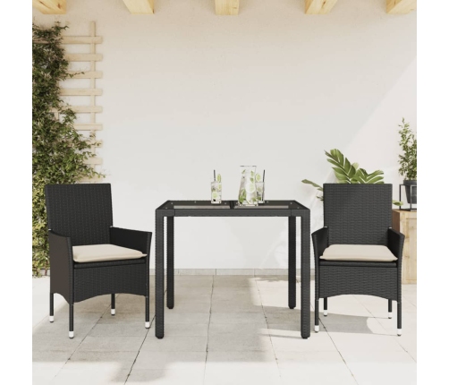 Set comedor jardín 3 pzas cojines ratán sintético vidrio negro