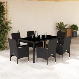 Set comedor jardín 7 pzas cojines ratán sintético vidrio negro