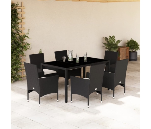 Set comedor jardín 7 pzas cojines ratán sintético vidrio negro