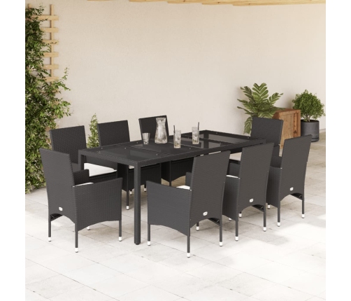 Set comedor jardín 9 pzas cojines ratán sintético vidrio negro
