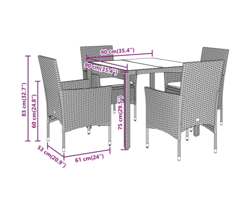 Set comedor jardín 5 pzas cojines ratán sintético vidrio negro