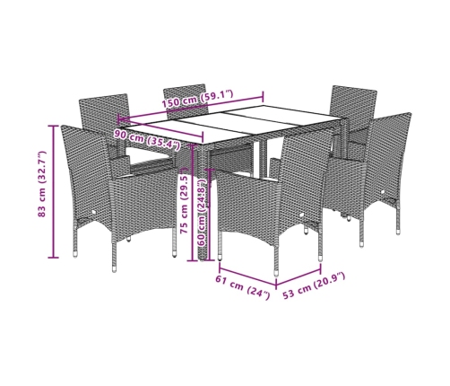 Set comedor jardín 7 pzas cojines ratán sintético vidrio negro