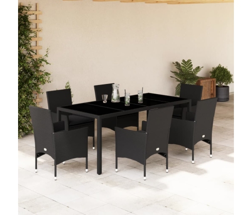 Set comedor jardín 7 pzas cojines ratán sintético vidrio negro