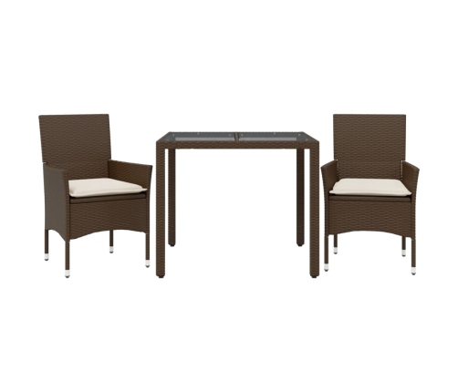 Set comedor jardín 3 pzas cojines ratán sintético vidrio marrón