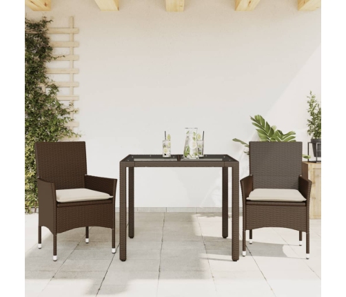 Set comedor jardín 3 pzas cojines ratán sintético vidrio marrón