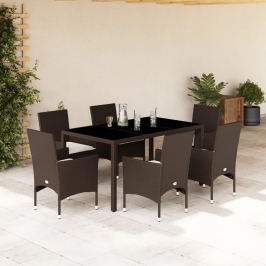Juego de comedor de jardín 7 pzas con cojines ratán PE marrón