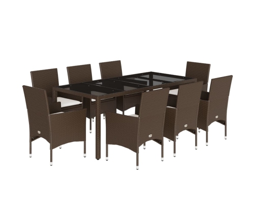 Set comedor jardín 9 pzas cojines ratán sintético vidrio marrón
