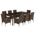 Set comedor jardín 9 pzas cojines ratán sintético vidrio marrón