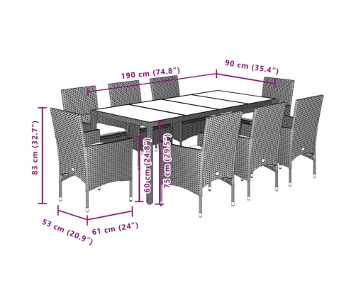 Set comedor jardín 9 pzas cojines ratán sintético vidrio marrón
