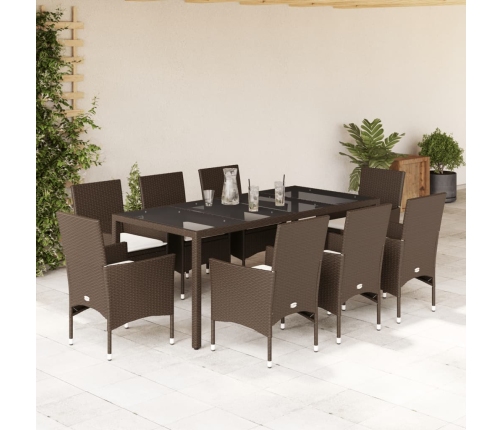 Set comedor jardín 9 pzas cojines ratán sintético vidrio marrón