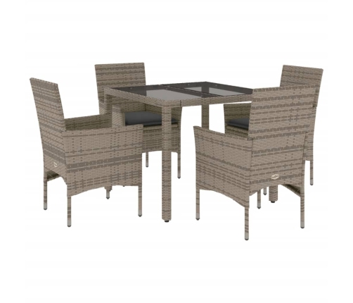 Set comedor jardín 5 pzas y cojines ratán sintético vidrio gris