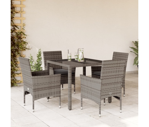 Set comedor jardín 5 pzas y cojines ratán sintético vidrio gris