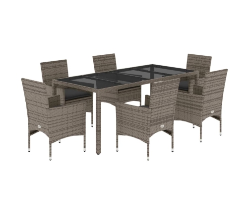 Set comedor jardín 7 pzas y cojines ratán sintético vidrio gris