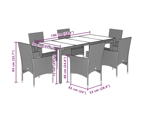 Set comedor jardín 7 pzas y cojines ratán sintético vidrio gris