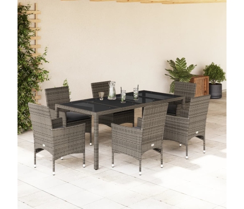Set comedor jardín 7 pzas y cojines ratán sintético vidrio gris