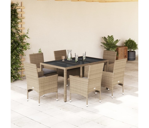 Set comedor jardín 7 pzas cojines ratán sintético vidrio beige