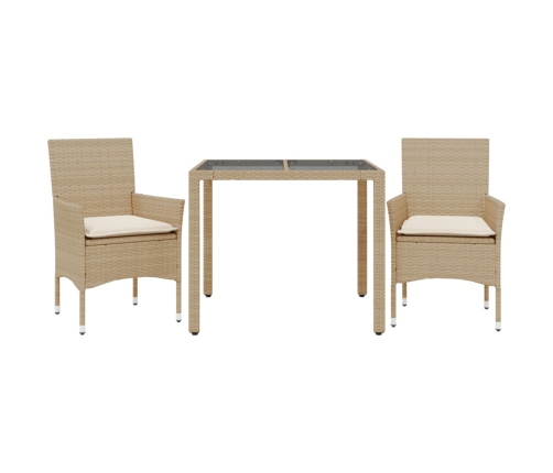 Set comedor jardín 3 pzas cojines ratán sintético vidrio beige