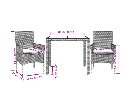 Set comedor jardín 3 pzas cojines ratán sintético vidrio beige
