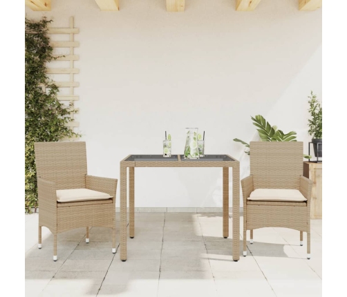 Set comedor jardín 3 pzas cojines ratán sintético vidrio beige